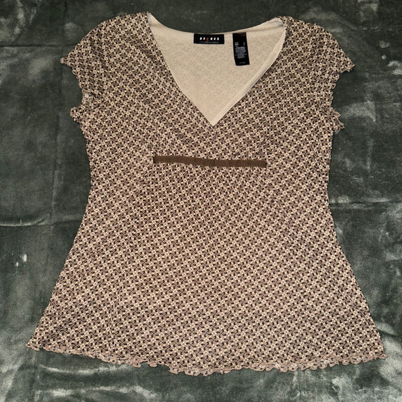 Y2K Axcess Liz Claiborne Blouse Top Women’s Large Brown Short Sleeve V-Neck - Picture 4 of 7